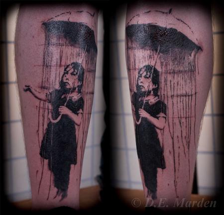 Holly Azzara - Banksy Girl with Umbrella Shin Tattoo